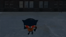 a cartoon cat with red eyes is standing in front of a building .