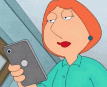 a cartoon character with red hair is holding a cellphone