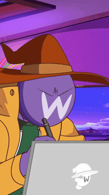 a cartoon character wearing a witch hat with the letter w on it