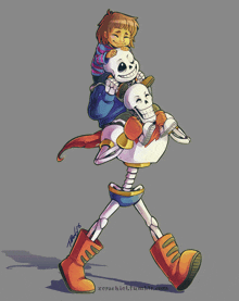 a drawing of a girl riding on the shoulders of a skeleton with the name xerachiel.tumblr.com at the bottom