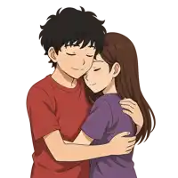 a boy in a red shirt and a girl in a purple shirt hugging with their eyes closed