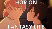 a couple of anime girls looking at each other with a caption that says hop on fantasy life