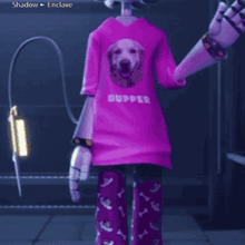 a cartoon character wearing a pink shirt with a dog on it is waving