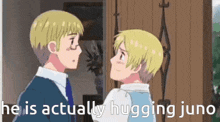 a cartoon of two boys hugging with the words he is actually hugging juno