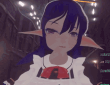 a purple haired anime girl with a red bow on her neck