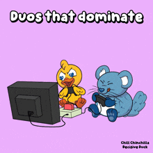 a cartoon of a duck and a mouse playing video games with the words duos that dominate below them