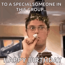 a man wearing a party hat is eating a piece of cake and says happy birthday