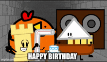 a happy birthday cartoon with a cake and a triangle
