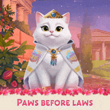a white cat wearing a cape with paws before laws on it