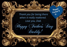 a happy father 's day card with a gold frame and a blue heart