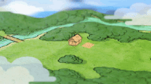 a drawing of a house in the middle of a green field
