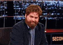 a man with a beard sits in front of a sign that says secon