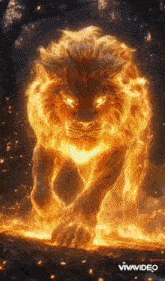 a lion is surrounded by flames and is walking through a dark forest .