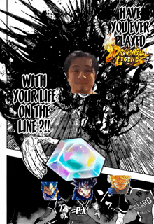 a poster for dragon ball legends with a man holding a cube