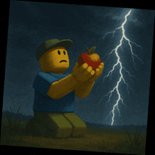 a lego man is holding an apple in front of lightning