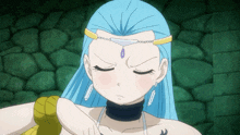 a cartoon girl with blue hair and a necklace on her head