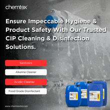 an ad for chemtex shows bottles of sanitizers alkaline cleaner acidic cleaner food grade disinfectant