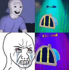 a cartoon of a man crying next to a cartoon of a limited item