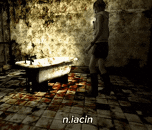 a woman standing in front of a bathtub with the word n.iacin written below her