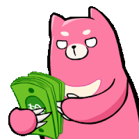 a pink bear is holding a stack of money with a dollar sign on it