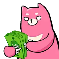 a pink bear is holding a stack of money with a dollar sign on it