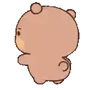 a cartoon teddy bear with a circle on its back is walking .