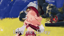 a girl in a video game is standing in a field and says `` love me cliffey '' .