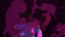 a cartoon character with a purple background and a blue jacket