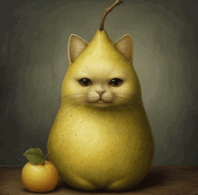 a cat that looks like a pear is sitting next to an apple