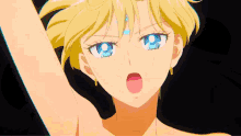 a girl with green hair and blue eyes is screaming with her mouth open