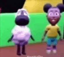 a couple of cartoon characters standing next to each other with the words warm waffles in the corner