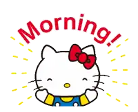 hello kitty with a red bow on her head and the words morning