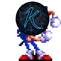 a pixel art of sonic the hedgehog holding a black ball with a letter k on it