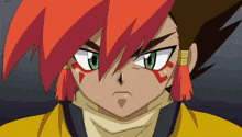 a cartoon character with red hair and green eyes has a tattoo on his face