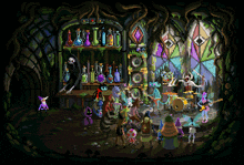 a pixel art drawing of a group of people in front of a store
