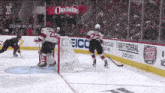 a hockey game is being played in front of a sign that says cheerwine