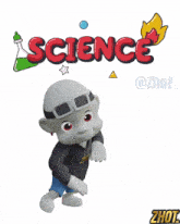 a cartoon character standing in front of the word science