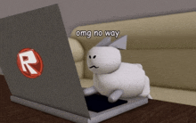 a white rabbit is sitting in front of a laptop that says " omg no way " on it
