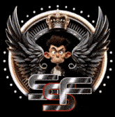 a cartoon character with wings and a crown behind the letter sf