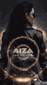 a woman in a leather jacket stands in front of a logo that says aiza