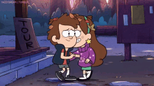 two cartoon characters hugging in front of a sign that reads tour