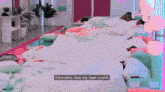 a group of people are sleeping in a room with the words " are my feet cold " above them