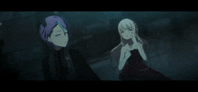a couple of anime characters standing next to each other in the dark