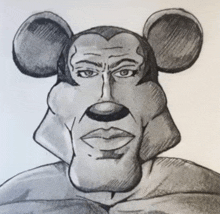 a drawing of a man wearing a mickey mouse mask