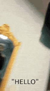 a person standing in front of a mirror with the words " hello " on the bottom