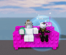 two roblox characters are sitting on a pink couch and one of them has a cat on her head
