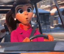 a cartoon character is driving a car with a surprised expression on her face