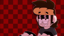 a cartoon character with glasses and a red checkered background is smiling
