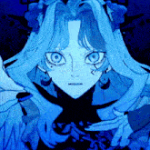 a drawing of a girl with blue hair and a black background