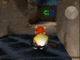 a cartoon character is standing in front of a wall with arrows pointing in different directions